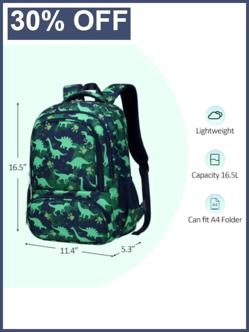 Kids Dinosaur Backpack Water-Resistant Lightweight School Bookbag A4